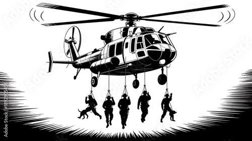 Rescue in Action: An aerial perspective captures a helicopter hovering above, as rescuers and a canine are lowered down, engaged in a high-stakes mission.