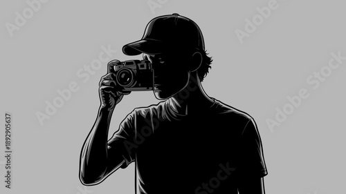 Photographer with a Camera: A person, captured in silhouette, focuses intently through a camera lens, symbolizing the art of visual storytelling.