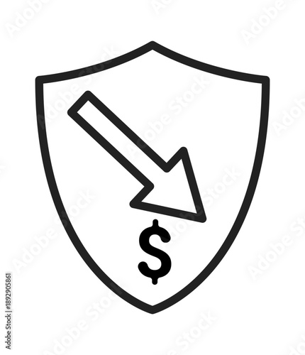 An outline of a shield with a downward arrow and dollar sign, symbolizing financial protection and risk reduction.