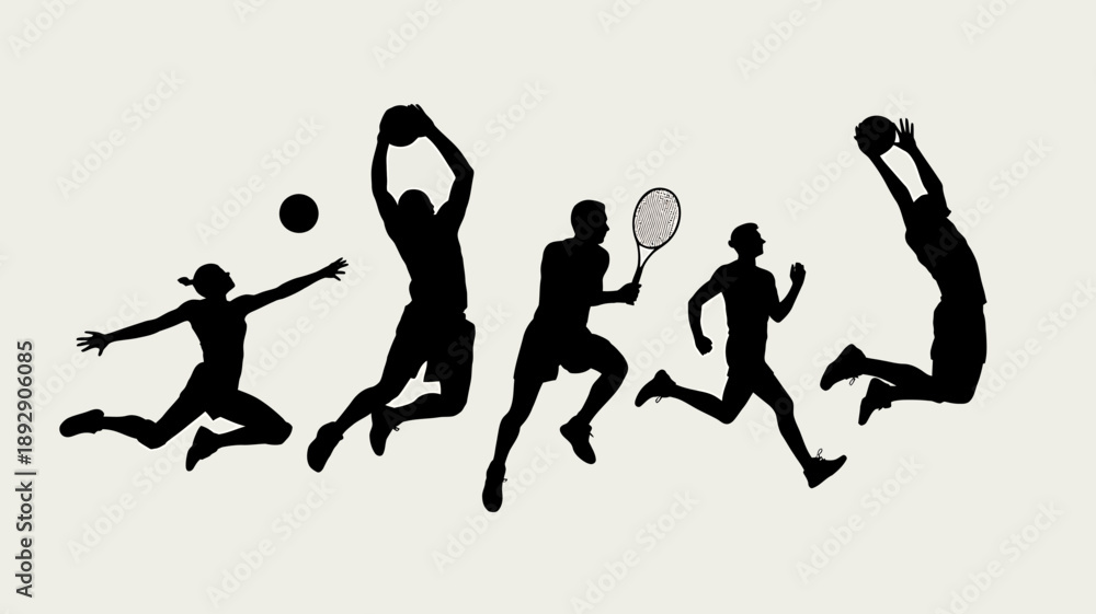 Obraz premium Dynamic Sports Silhouettes: Capturing the fluidity and energy of diverse sports, this silhouette composition showcases athletes in action across a range of disciplines. 