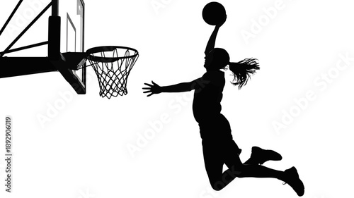 Basketball Silhouette in Action: A dynamic silhouette captures the peak of athletic prowess as a basketball player soars through the air, poised to make a slam dunk.