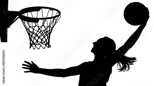 Silhouette of Basketball Action: A determined player silhouetted against a backdrop, reaching for the basketball while aiming for the basket, captures the essence of action, passion.