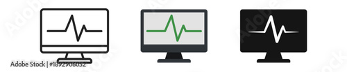 A series of three computer screens displaying a heartbeat line in different styles: minimalistic outline, detailed design, and bold silhouette.