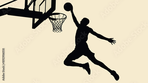 Silhouette Dunk: A dynamic silhouette captures a basketball player mid-air, executing a powerful dunk. A symbol of athleticism and precision, with the basketball soaring towards the hoop.
