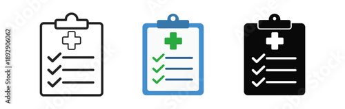 Three clipboard designs with checklists in different colors, symbolizing healthcare documentation and organization.