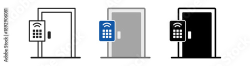 A series of door designs featuring access control panels in black, gray, and blue. A minimalist and modern aesthetic.