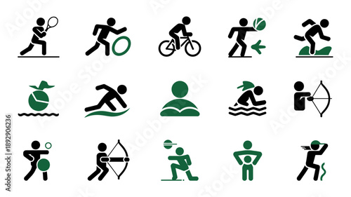 Sports Icons in action: A collection of dynamic and modern icons depicting various sports. These concise illustrations capture the essence of athleticism and active lifestyle.
