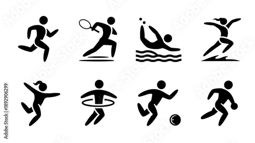 Sports Icon Collection: A dynamic collection of simple, stylized icons representing various athletic activities, suitable for infographics, websites, or educational materials. 