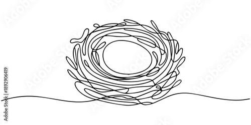 Continuous one line drawing of a bird nest. Vector illustration of a natural twig home with an egg isolated on white background. Minimalist wildlife concept, Nest with Eggs One Line Drawing Simple