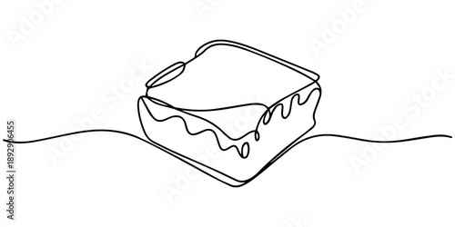 Brownie line art drawing, Minimalist dessert illustration featuring a tempting brownie continuous one line drawing, single line illustration of a brownie with chocolate drizzle pattern, smooth