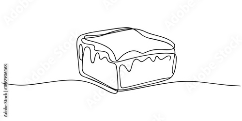 Brownie line art drawing, Minimalist dessert illustration featuring a tempting brownie continuous one line drawing, single line illustration of a brownie with chocolate drizzle pattern, smooth