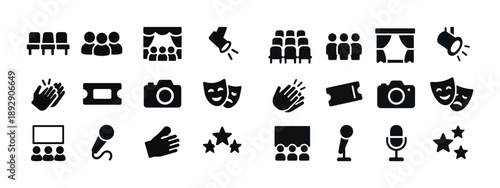 Theater and entertainment icon set with microphone, camera, and audience symbols