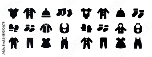 Set of black baby clothing icons with various outfits and accessories