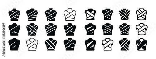 Set of mannequin icons with various wrap patterns on black and white background