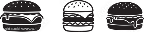 Burger icon vector illustration of fast food cheeseburger with sesame bun and melting cheese for restaurant menu graphics.