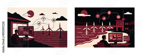 Renewable energy monitoring: male engineers analyzing wind farm data