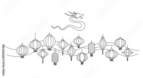 A vector illustration of a Chinese dragon flying above a string of colorful lanterns, symbolizing the Chinese New Year, with a festive and cultural motif.