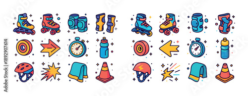 Colorful roller skating equipment and accessories icons set