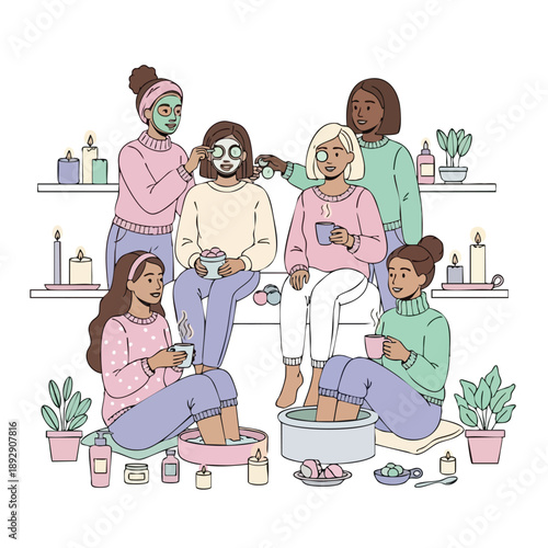 A colorful illustration of a group of women enjoying a relaxing galentine's day together, with face masks and foot baths in a cozy setting. Perfect for galentine's day promotions, social