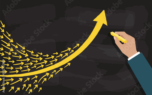 Hand draws yellow upward arrow on blackboard