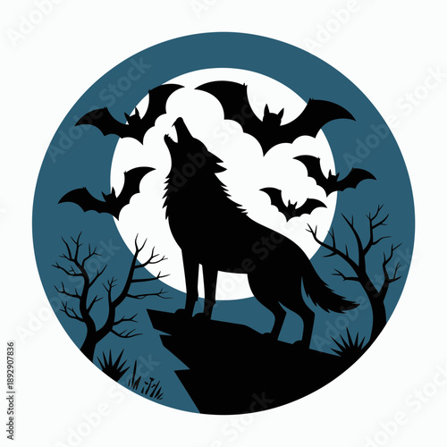 Silhouette of a wolf howling at the full moon with bats flying around, set against a dark blue circular background. Perfect for Halloween and spooky themes.