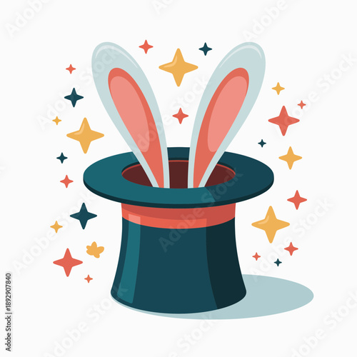 Whimsical magic hat with bunny ears emerging, surrounded by sparkling stars. Ideal for party invitations and fantasy themes.