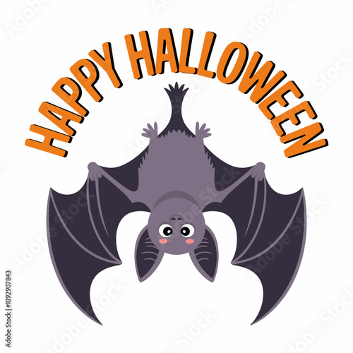 Cute cartoon bat hanging upside down with 'Happy Halloween' text, perfect for holiday invitations and decorations.