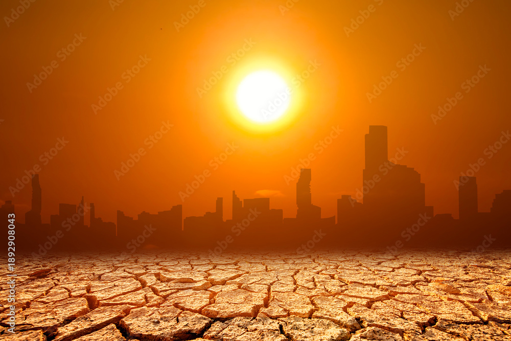 custom made wallpaper toronto digitalA city skyline under a scorching sun, reflecting the impact of climate change on the environment. The ground is parched and cracked, representing drought and desertification.
