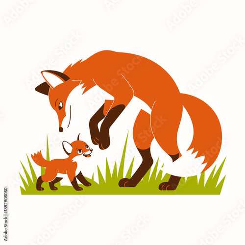 A heartwarming illustration depicts a loving mother fox gently interacting with her playful cub amidst green grass, showcasing a tender family bond in the wild, perfect for themes of parental care.