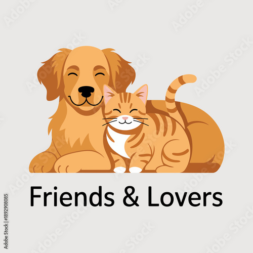 A friendly golden retriever dog and a cheerful tabby cat lie together peacefully with the text 'Friends & Lovers', celebrating the wonderful enduring bond between different pet species.