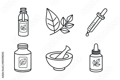 Natural Herbal Wellness & Botanical Product Remedies Medicines Line Icons. Outline Vector Set