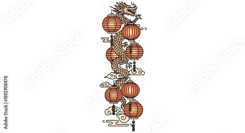 Vector illustration of a Chinese Dragon motif with red festival lanterns on a white background, symbolizing the Chinese New Year with vibrant colors and traditional design elements.