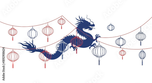 Vector illustration of a blue Chinese Dragon flying amidst colorful lanterns on strings for Chinese New Year celebrations against a white background with a festive mood.