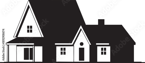 Black and white silhouette of a two story house with a chimney and multiple windows home building