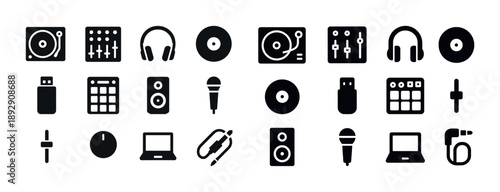 Music equipment icons: dj gear, headphones, microphone, turntable, laptop