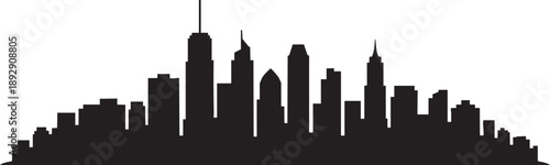 Black silhouette of a diverse city skyline with varied building heights and shapes against a white background