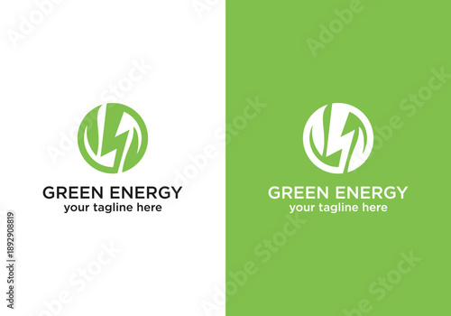 Green energy vector design, green energy logo design template with leaves and lightning bolt on vector design