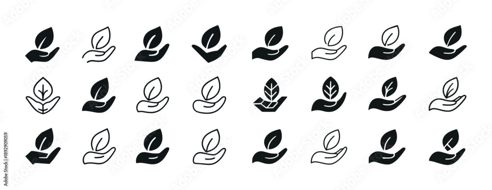 Fototapeta premium Collection of leaf and hand icons in various designs for eco-friendly concepts
