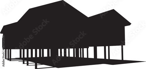 Black silhouette of a multi-level building with stilts and a platform white architecture