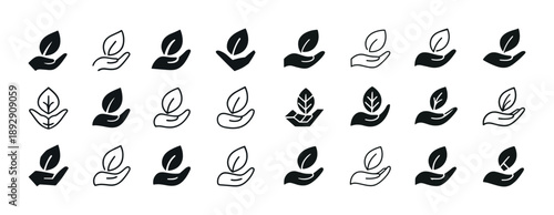 Collection of leaf and hand icons in various designs for eco-friendly concepts