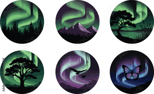 PrintSet of Six Circular Aurora Borealis Vector Icons Featuring Green and Purple Northern Lights Over Silhouetted Mountains Trees Butterfly Eagle and Lake Night Landscapes