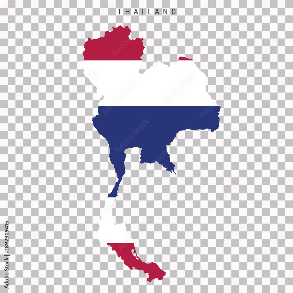 Fototapeta premium Map of Thailand filled with the colors of the Thai national flag, isolated on transparent background. Vector illustration for travel, geography, education, and design use.