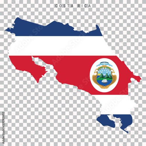 Map of Costa Rica filled with national flag colors and emblem, isolated on transparent background. Ideal for geography, travel, education and infographic projects.