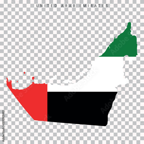 Map of United Arab Emirates filled with national flag colors, isolated country shape on transparent background.