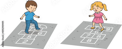 PrintVector illustration of children playing hopscotch on outdoor pavement grids, educational childhood activity concept showing fun, learning, motor skills and recreational lifestyle design