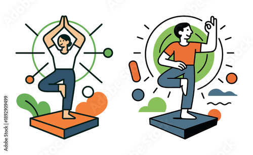Caucasian female and male adults practicing yoga poses with geometric designs
