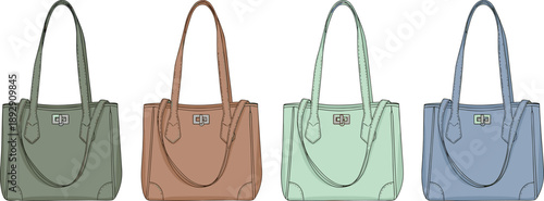 Elegant collection of four stylish handbags in olive, brown, mint, and blue tones showcasing modern fashion accessories for retail display