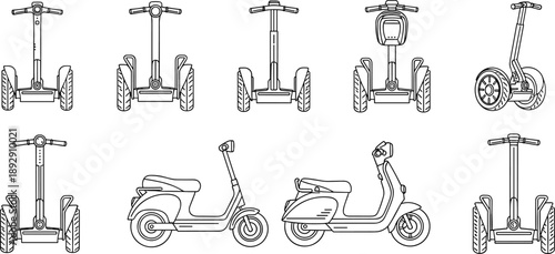 Line Art Collection of Segways and Electric Scooters in Varied Designs for Urban Mobility, Personal Transport, and Tech Illustration