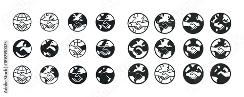 Global unity symbol: earth and handshake icons for cooperation and peace