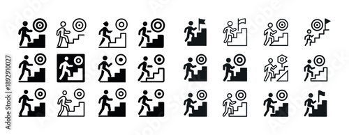 Icon set: stick figures achieving goals with targets and flags